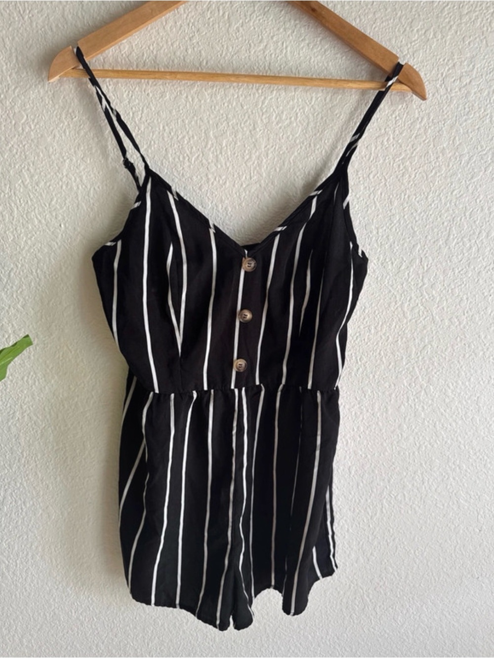 SHEIN Black and White Striped Button-Front Spaghetti Strap Romper